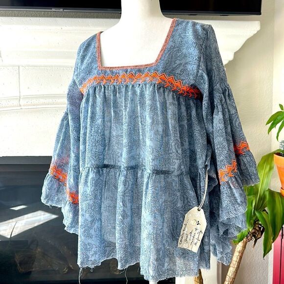 NWT Cousin Earl Lagenlook Florentine Blue Orange Bell SleevesTop Oversized Boho - Picture 4 of 16